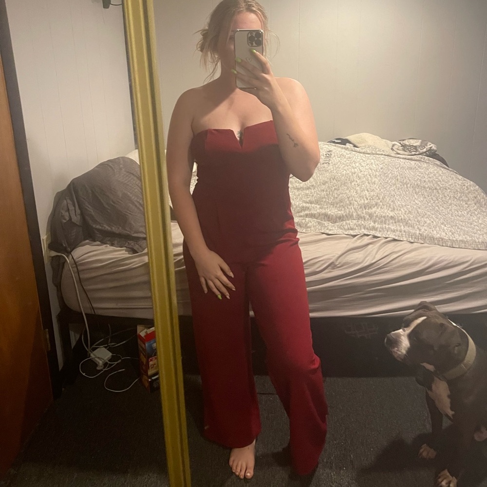 Red strapless jumpsuit
